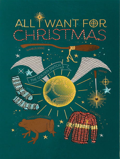 Harry Potter "All I Want For Christmas" embellished greeting card by Insight Editions, featuring festive holiday design.
