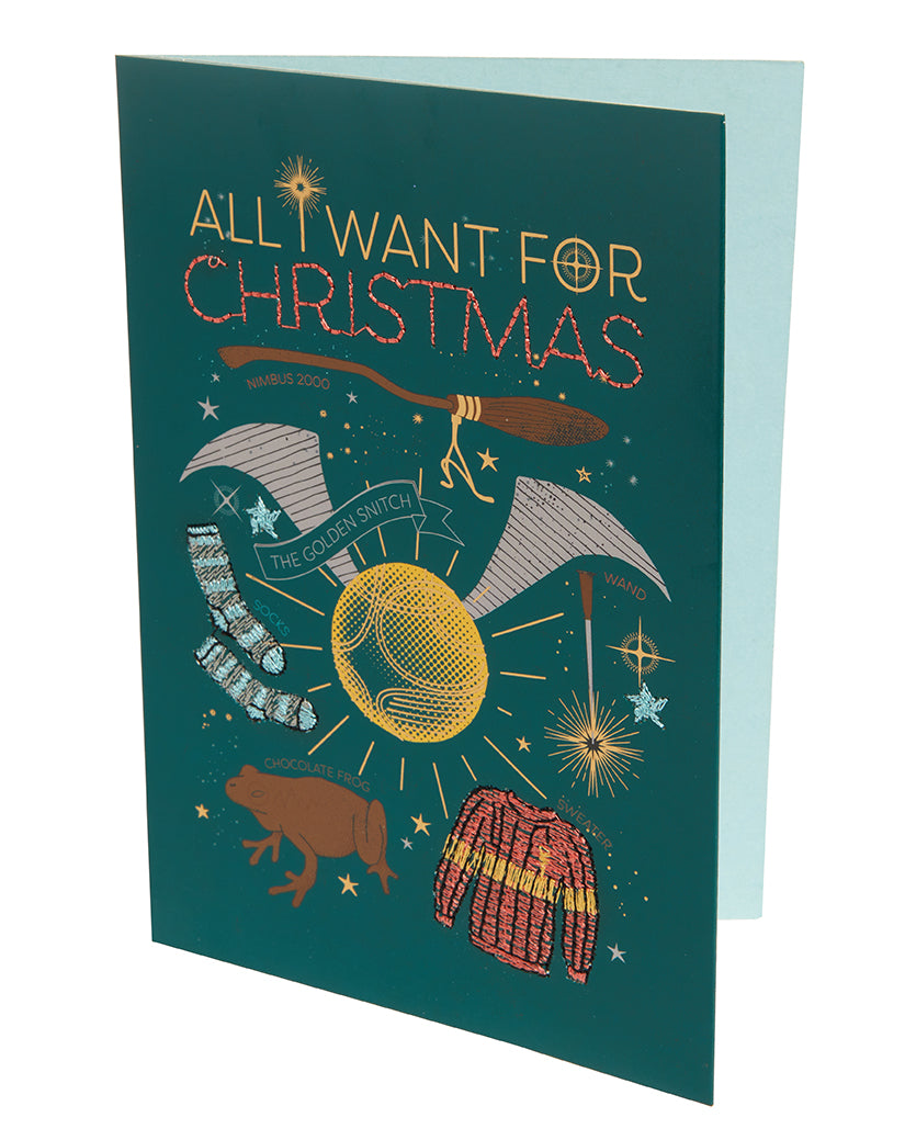 Harry Potter "All I Want For Christmas" embellished greeting card, Insight Editions home decor item with festive design.
