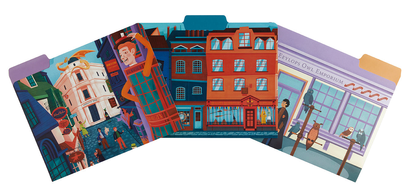 Harry Potter exploring Diagon Alley file folder set with nine colorful folders featuring magical shop illustrations.