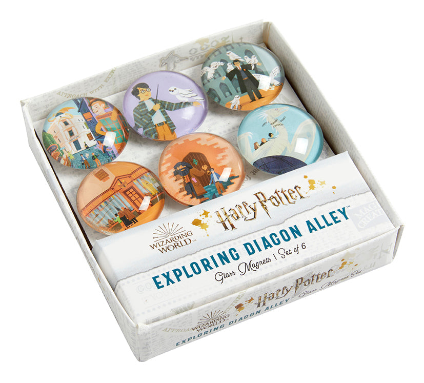 Set of six Harry Potter Diagon Alley glass magnets featuring detailed illustrations, ideal for home decor or magnetic displays.