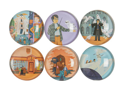 Set of six Harry Potter Exploring Diagon Alley glass magnets featuring iconic shop signs and magical details, perfect for home decor.