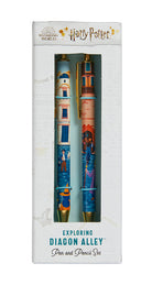 Harry Potter Exploring Diagon Alley pen and pencil set by Insight Editions, featuring magical-themed writing tools and packaging.