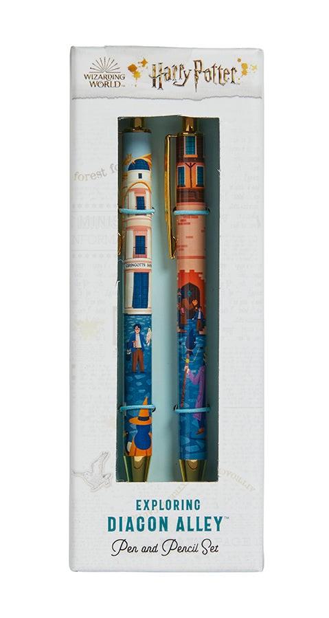 Harry Potter Exploring Diagon Alley pen and pencil set by Insight Editions, featuring magical-themed writing tools and packaging.