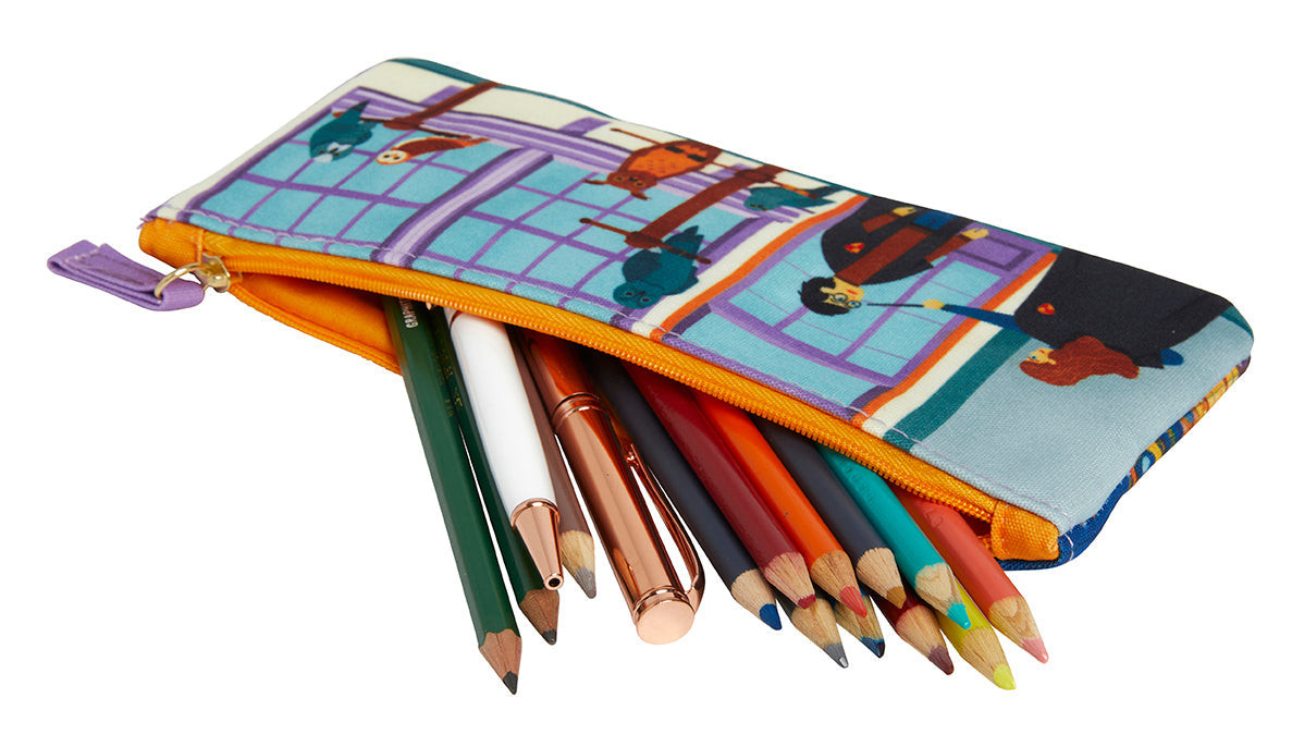Interior of a Harry Potter Exploring Diagon Alley pencil pouch by Insight Editions, featuring multiple compartments and wizard-themed design.