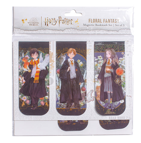 Set of five Harry Potter floral fantasy magnetic bookmarks by Insight Editions, featuring magical floral designs for book lovers.