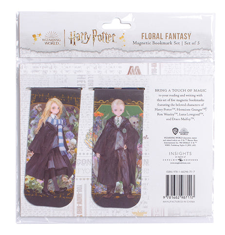 Set of 5 Harry Potter floral fantasy magnetic bookmarks by Insight Editions, featuring magical floral designs for book lovers.