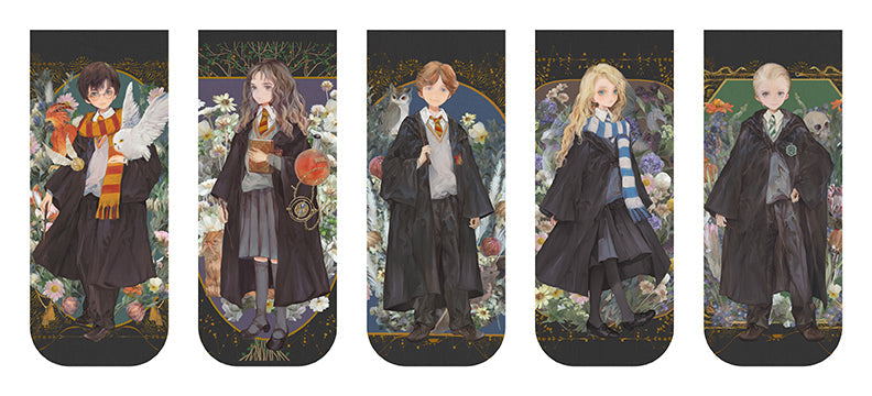 Set of five Harry Potter floral fantasy magnetic bookmarks by Insight Editions, featuring magical floral designs.