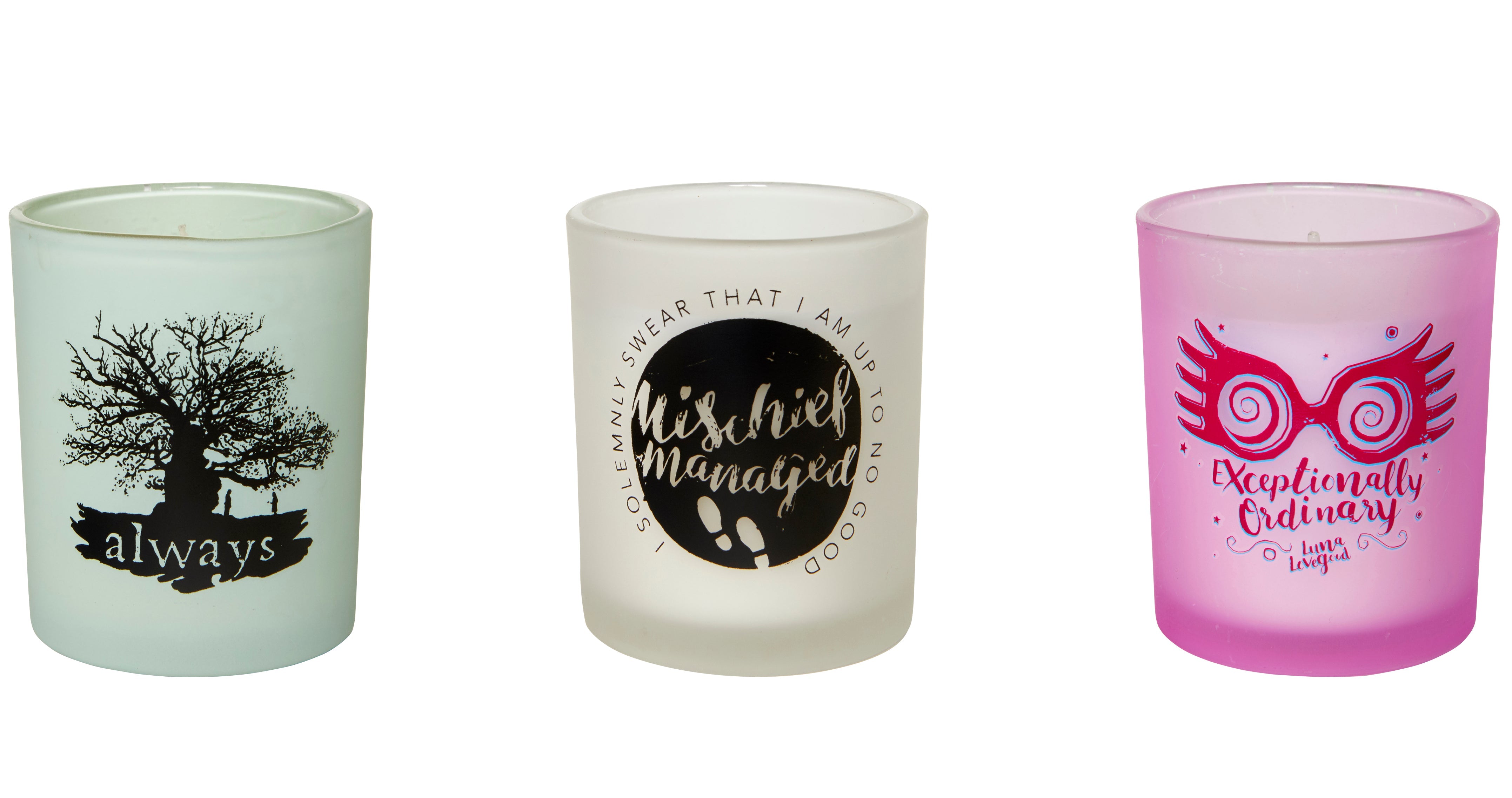Set of Harry Potter glass votive candles from Insight Editions, featuring magical designs for home decor.