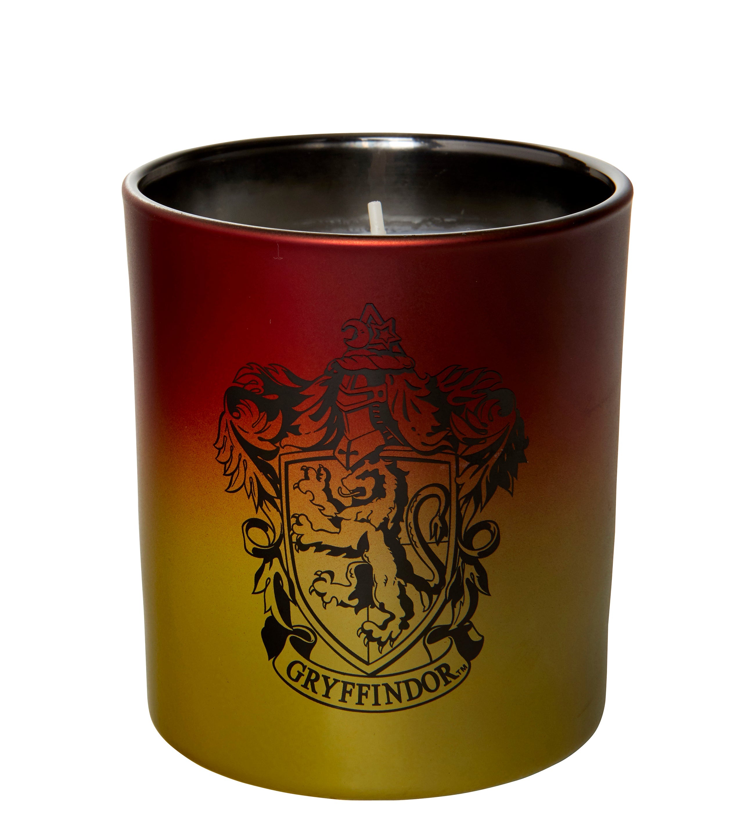 Gryffindor glass candle from Harry Potter home goods by Insight Editions featuring the Hogwarts crest and red and gold design.