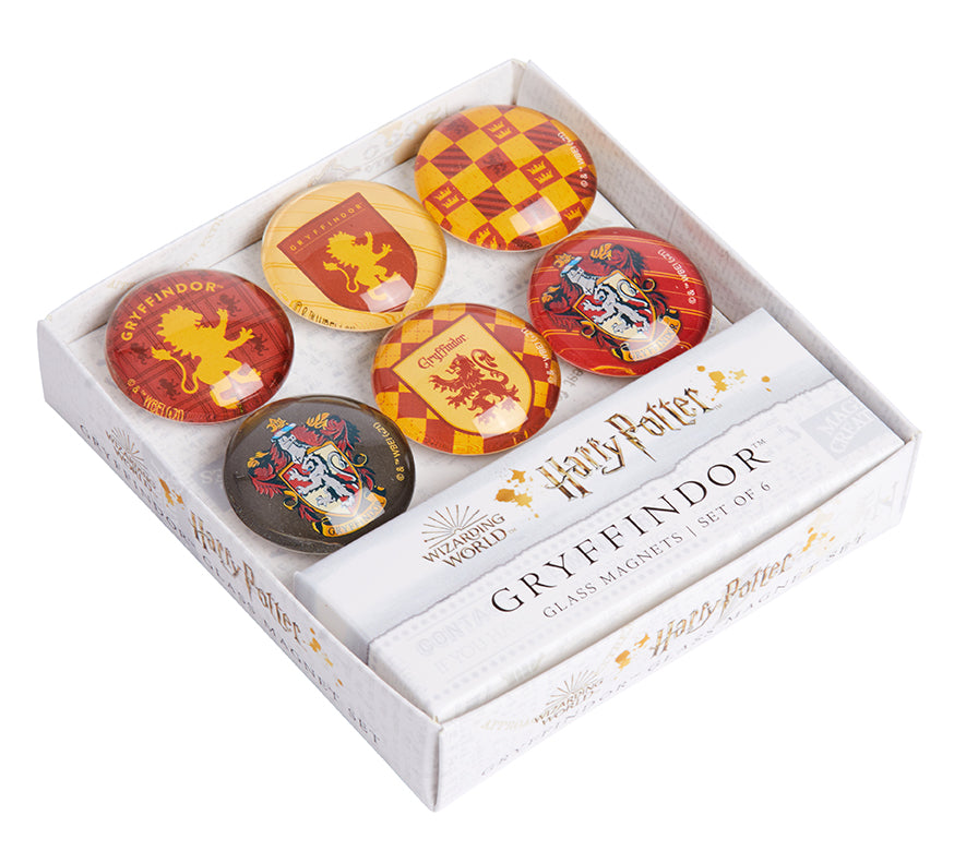 Set of six Harry Potter Gryffindor glass magnets featuring house crest designs, perfect for home decor and magnetic surfaces.