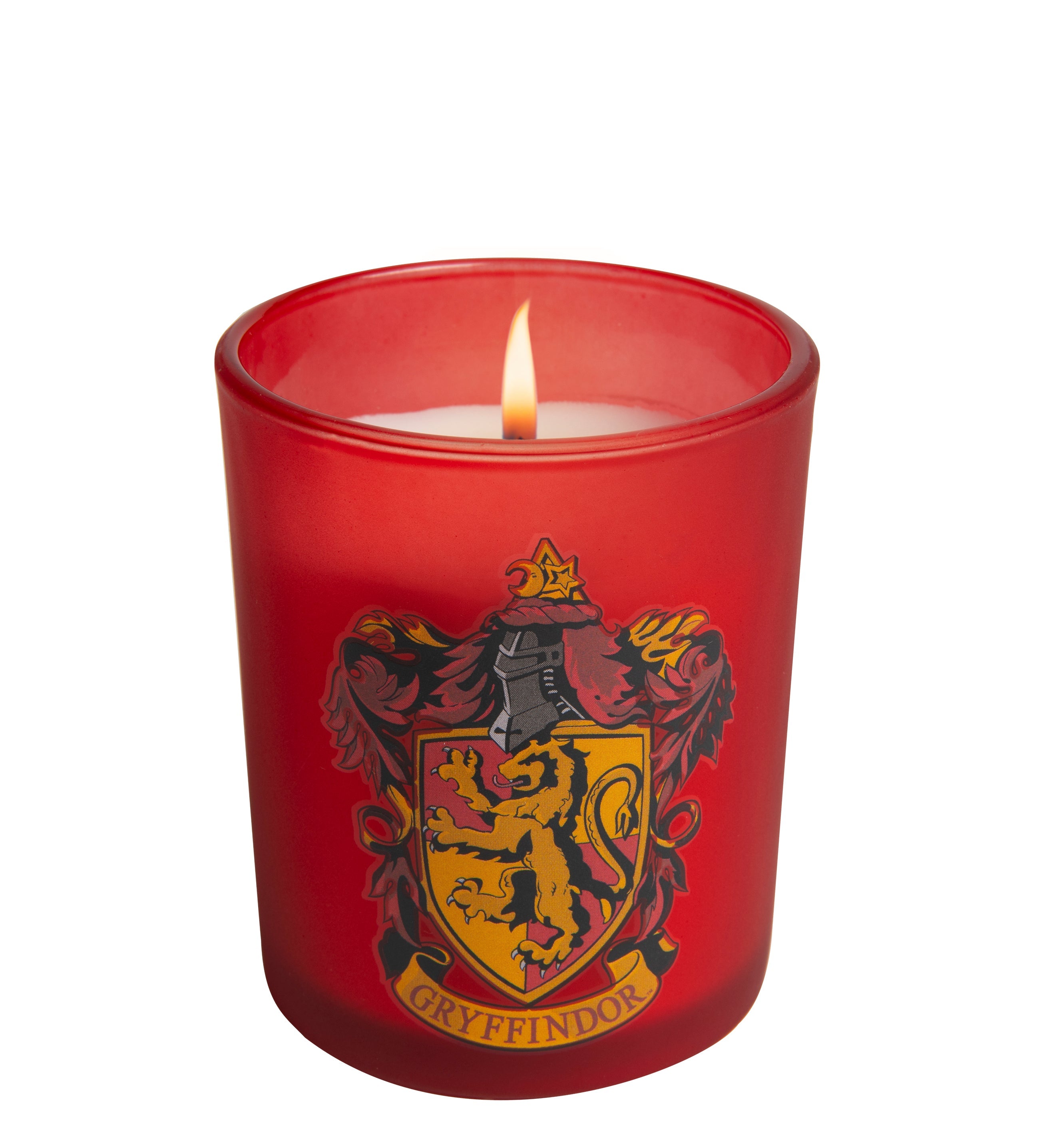 Gryffindor glass votive candle featuring Harry Potter branding, ideal for home decor and magical ambiance.