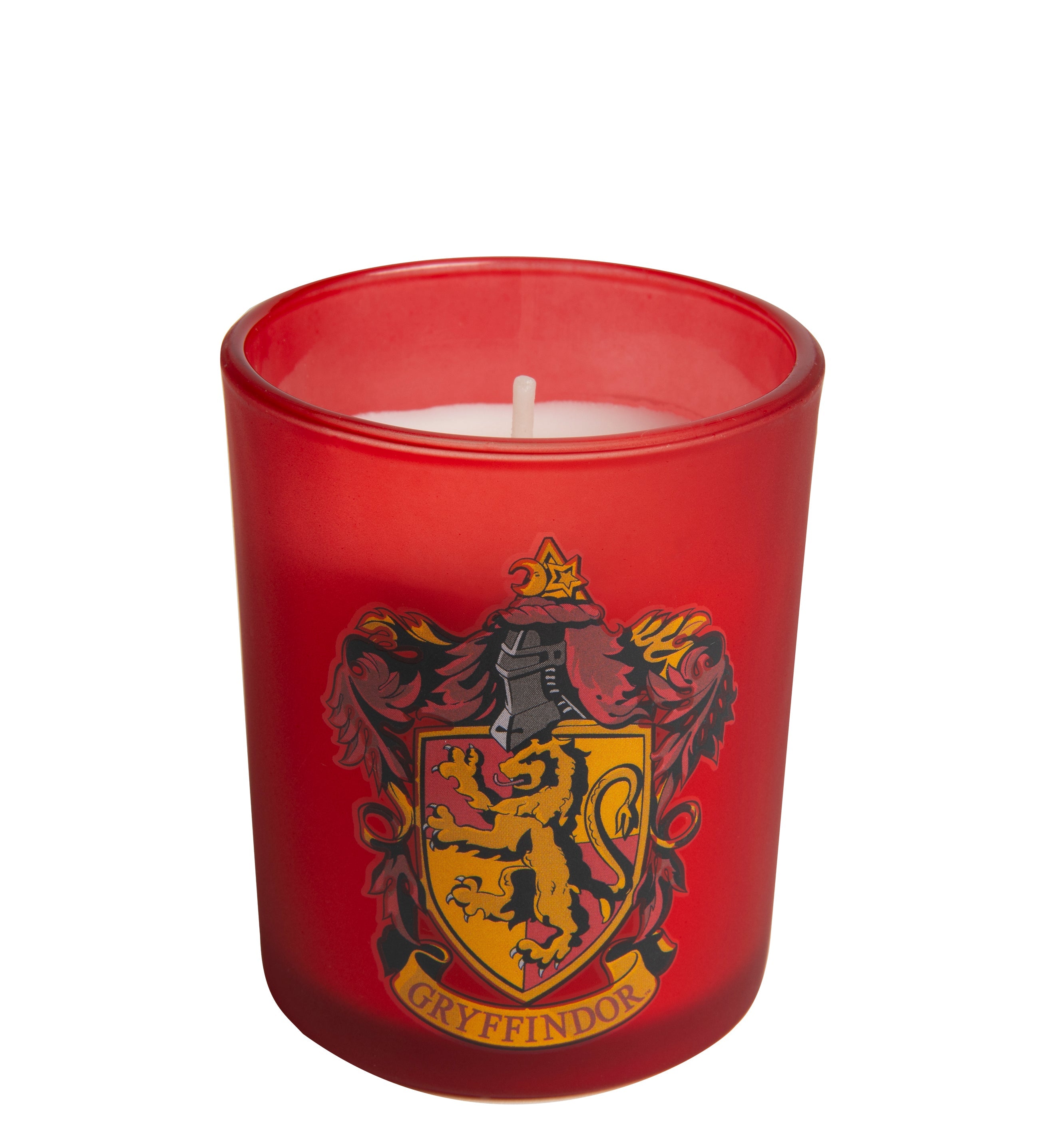 Gryffindor glass votive candle from Harry Potter home goods collection by Insight Editions, featuring house crest and vibrant colors.