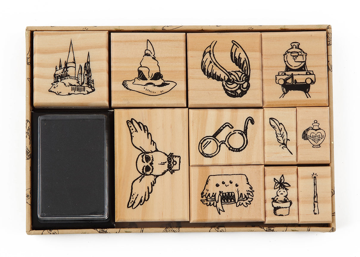 Harry Potter Hogwarts Magical Moments rubber stamp set featuring magical symbols and characters from the Harry Potter series.