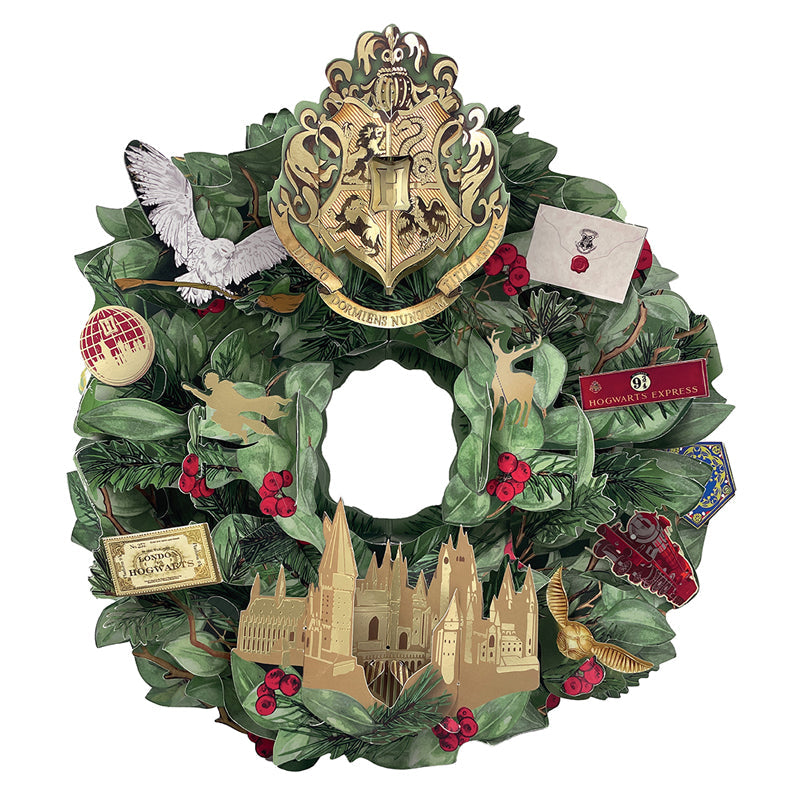 Harry Potter Hogwarts pop-up holiday wreath with magical design, perfect for festive home decor from Insight Editions.