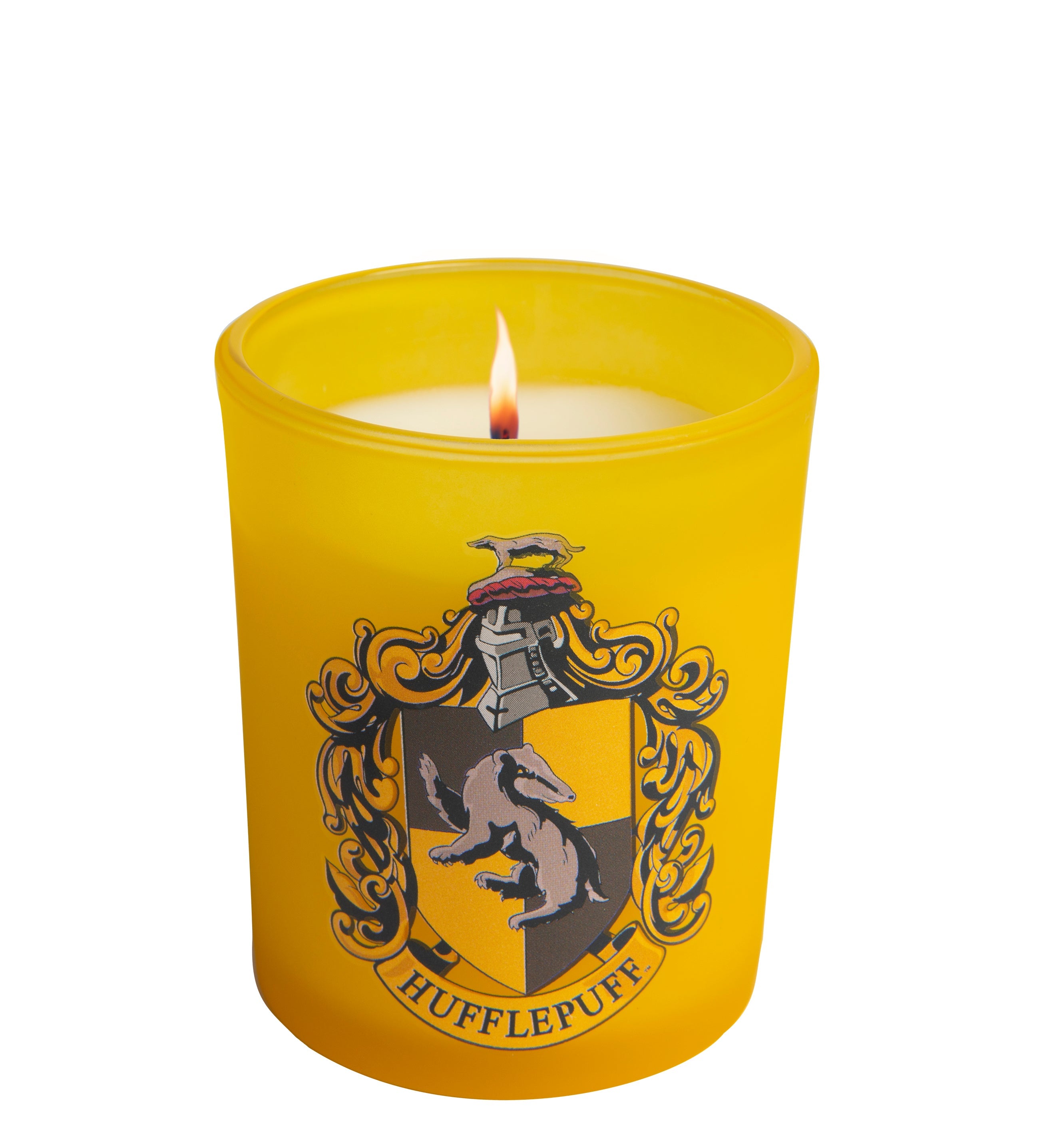 Hufflepuff glass votive candle from Harry Potter home goods collection by Insight Editions, featuring Hufflepuff crest design.