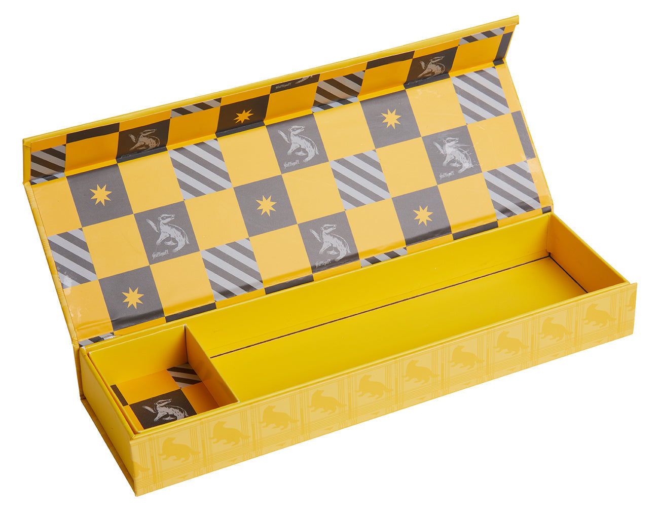 Hufflepuff magnetic pencil box from Harry Potter series by Insight Editions, featuring Hufflepuff crest and yellow design.