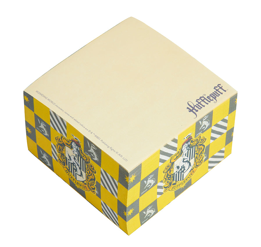 Hufflepuff Harry Potter memo cube with yellow and black design, featuring house crest and magical motifs for home or office use.