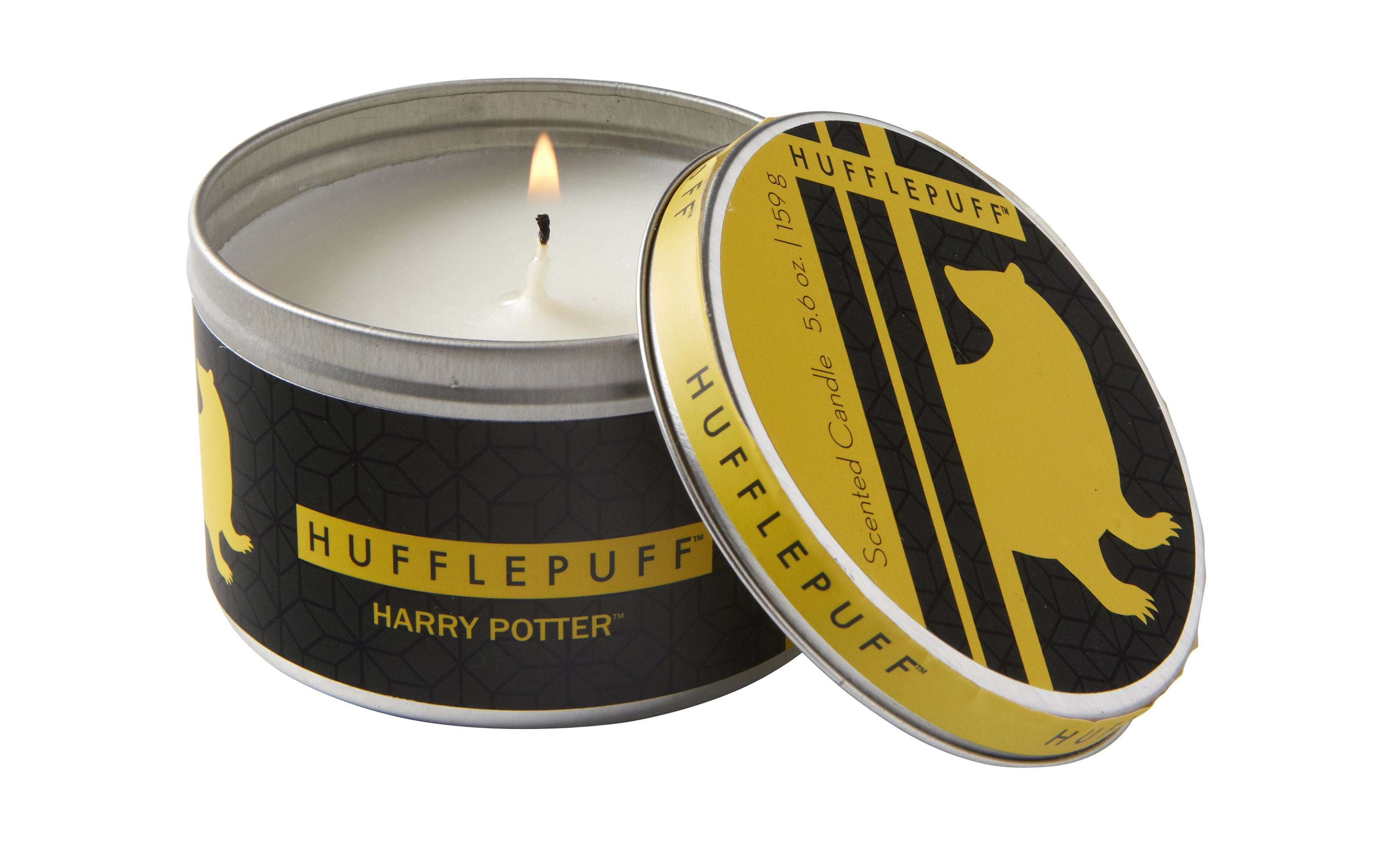 Hufflepuff scented candle by Insight Editions, 5.6 oz, with a Harry Potter themed Hufflepuff design for home decor.