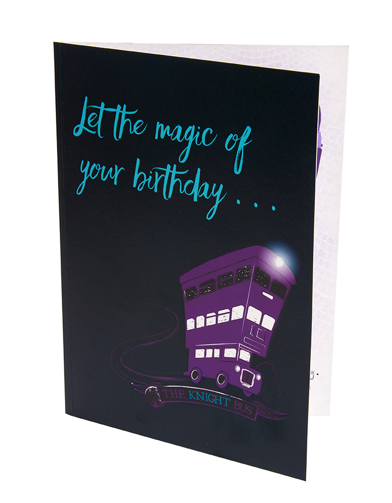 Harry Potter Knight Bus birthday pop-up card by Insight Editions featuring detailed 3D craft and vibrant wizarding design.