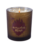 Harry Potter Marauder's Map glass candle from Insight Editions, featuring a detailed map design on a clear glass candle holder.