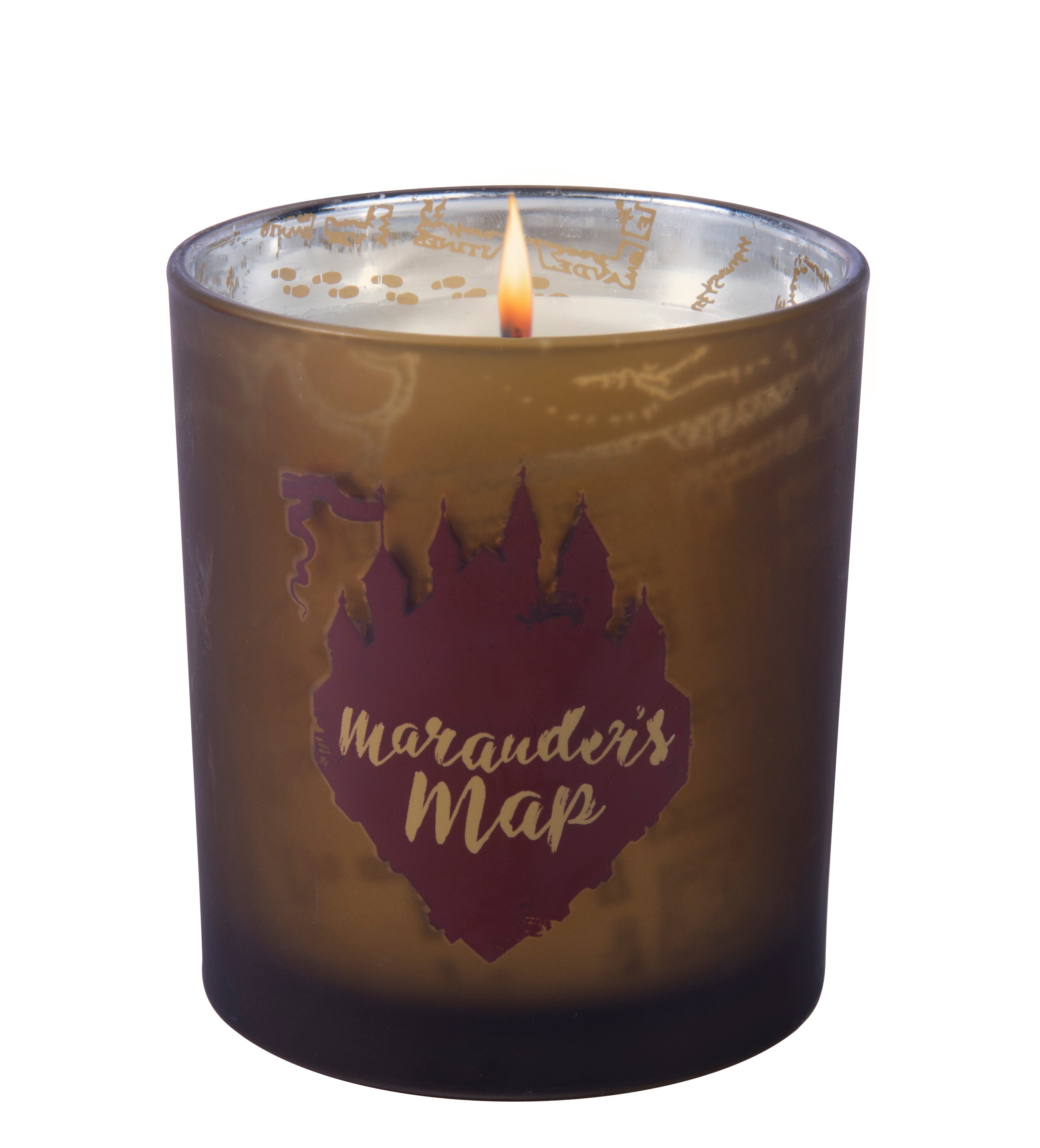 Harry Potter Marauder's Map glass candle from Insight Editions, featuring a detailed map design on a clear glass candle holder.