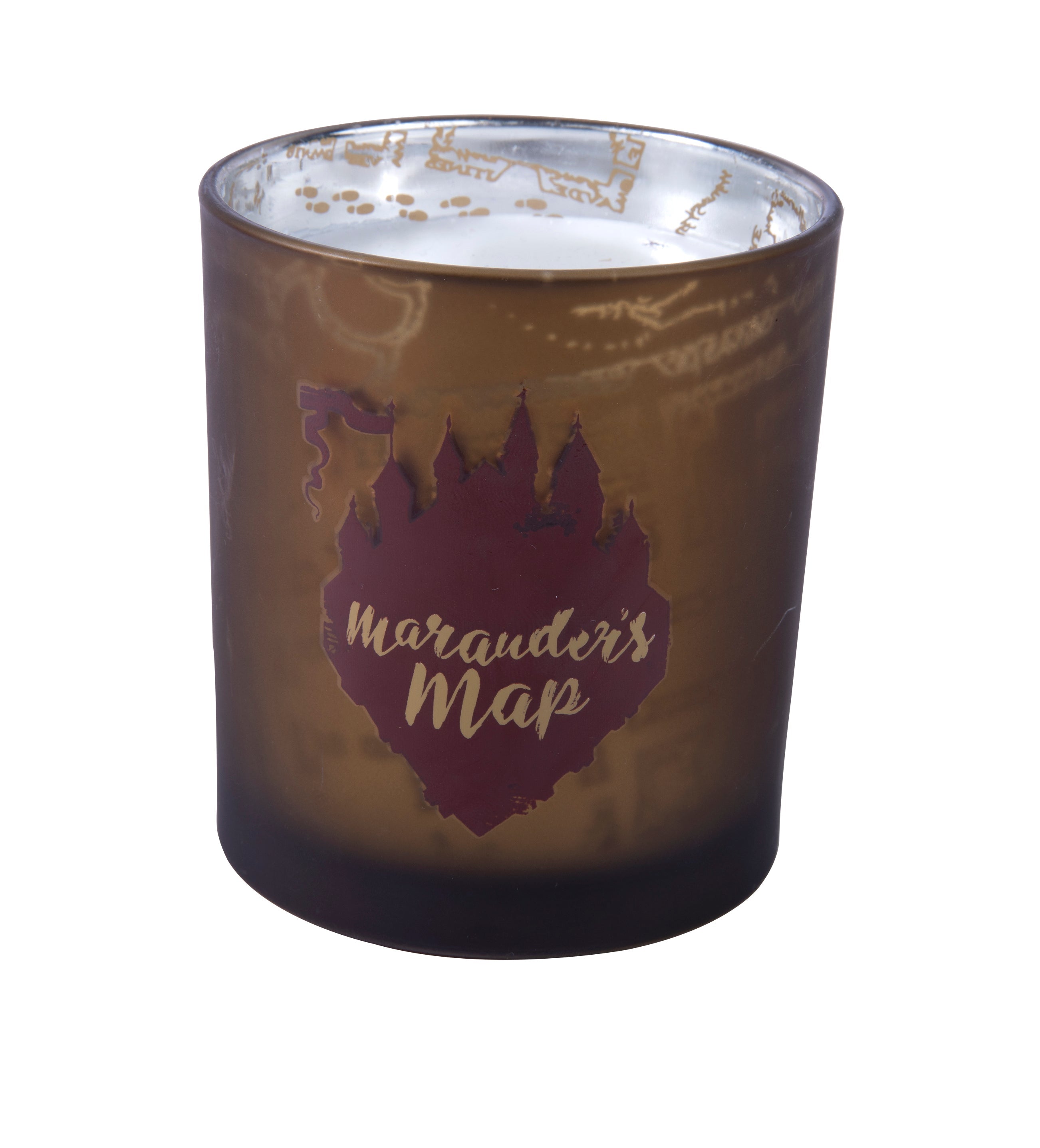 Harry Potter Marauder's Map glass candle from Insight Editions, featuring a detailed map design on the candle's surface.