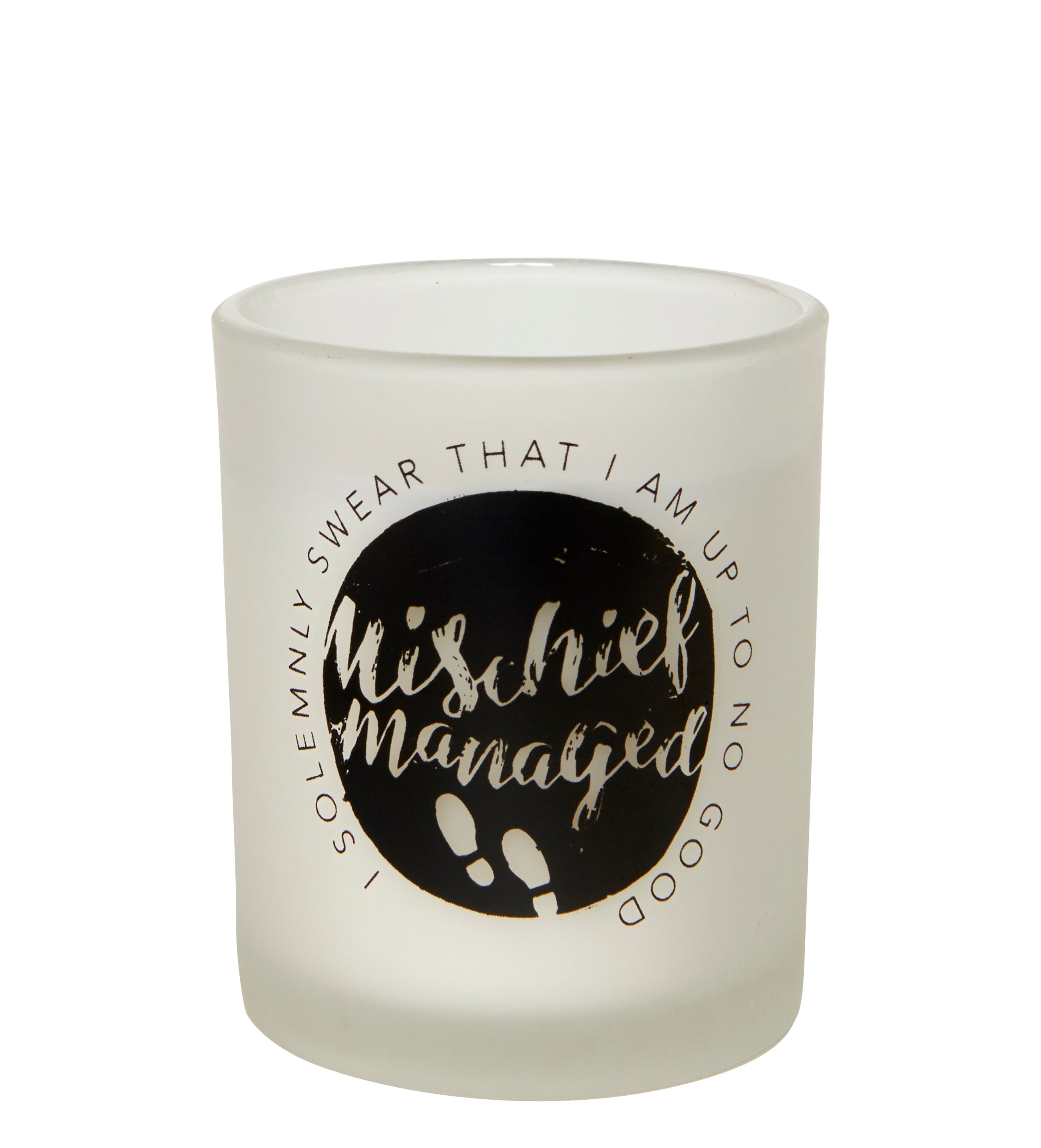 Harry Potter "Mischief Managed" glass votive candle from Insight Editions, featuring magical-themed design for home decor.