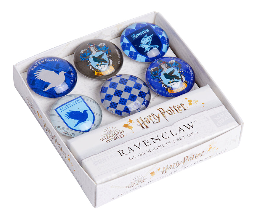 Set of six Ravenclaw glass magnets from Harry Potter, featuring house symbols and colors, by Insight Editions.