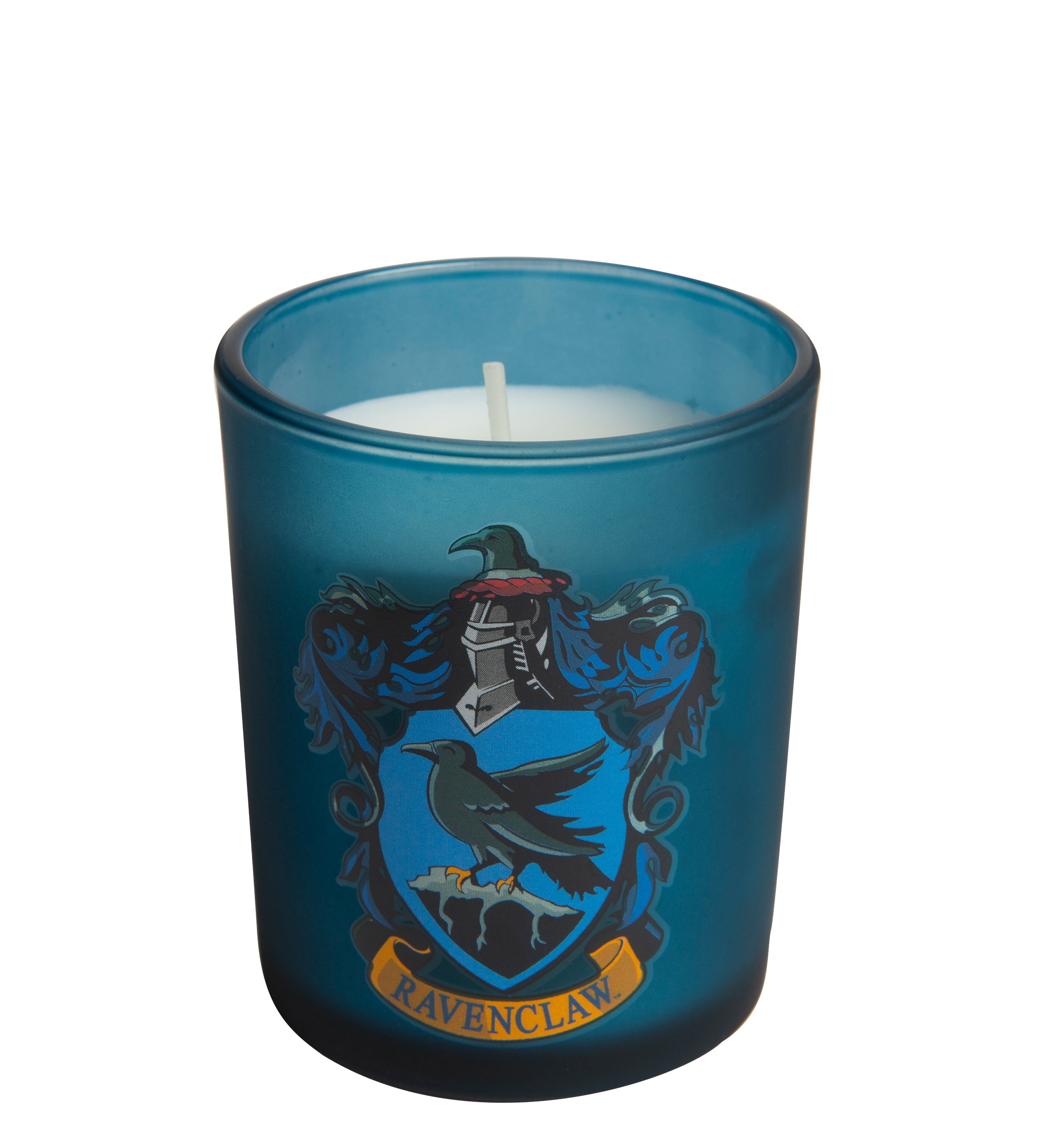 Ravenclaw glass votive candle from Harry Potter home goods collection by Insight Editions, featuring house emblem and blue glass.