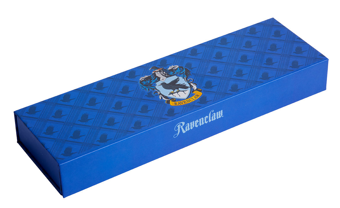 Ravenclaw magnetic pencil box from Harry Potter collection featuring blue and silver design with house crest and magnetic closure.