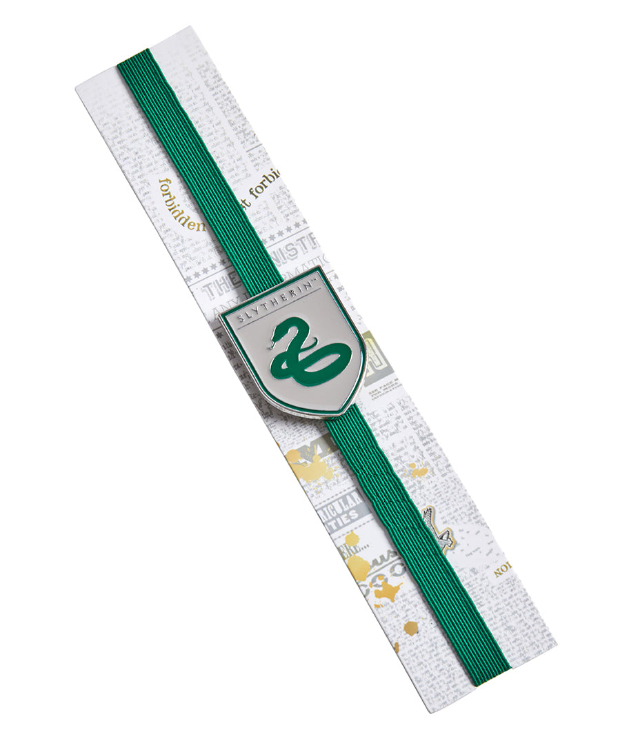 Harry Potter Slytherin enamel charm bookmark with green Slytherin emblem and silver-tone metal details, perfect for book lovers.
