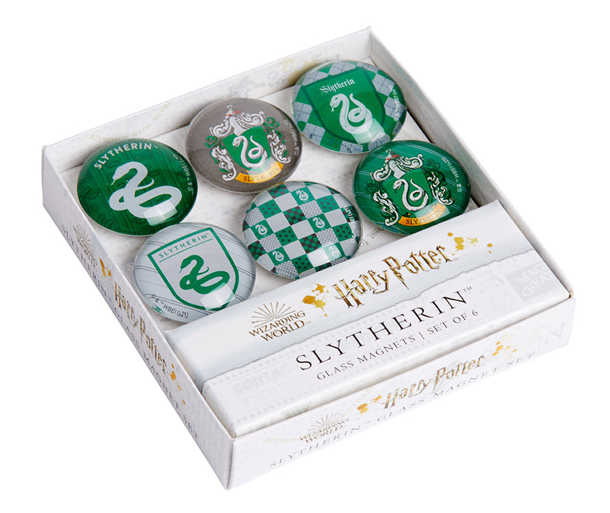 Set of six Slytherin glass magnets featuring Harry Potter-themed house emblems, ideal for home decor or fridge decoration.