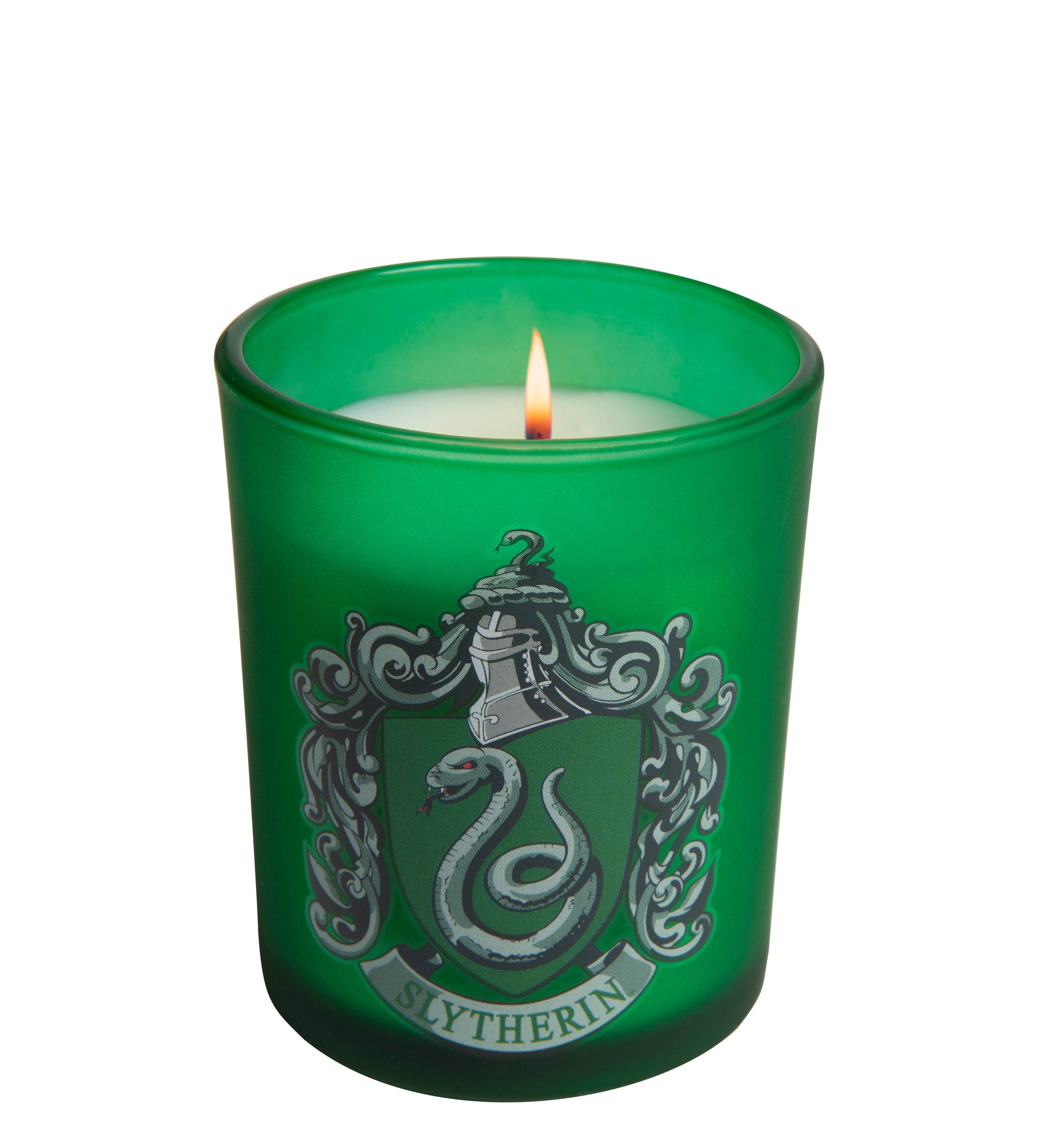 Slytherin glass votive candle from Harry Potter home goods by Insight Editions, featuring green Slytherin house emblem on clear glass.