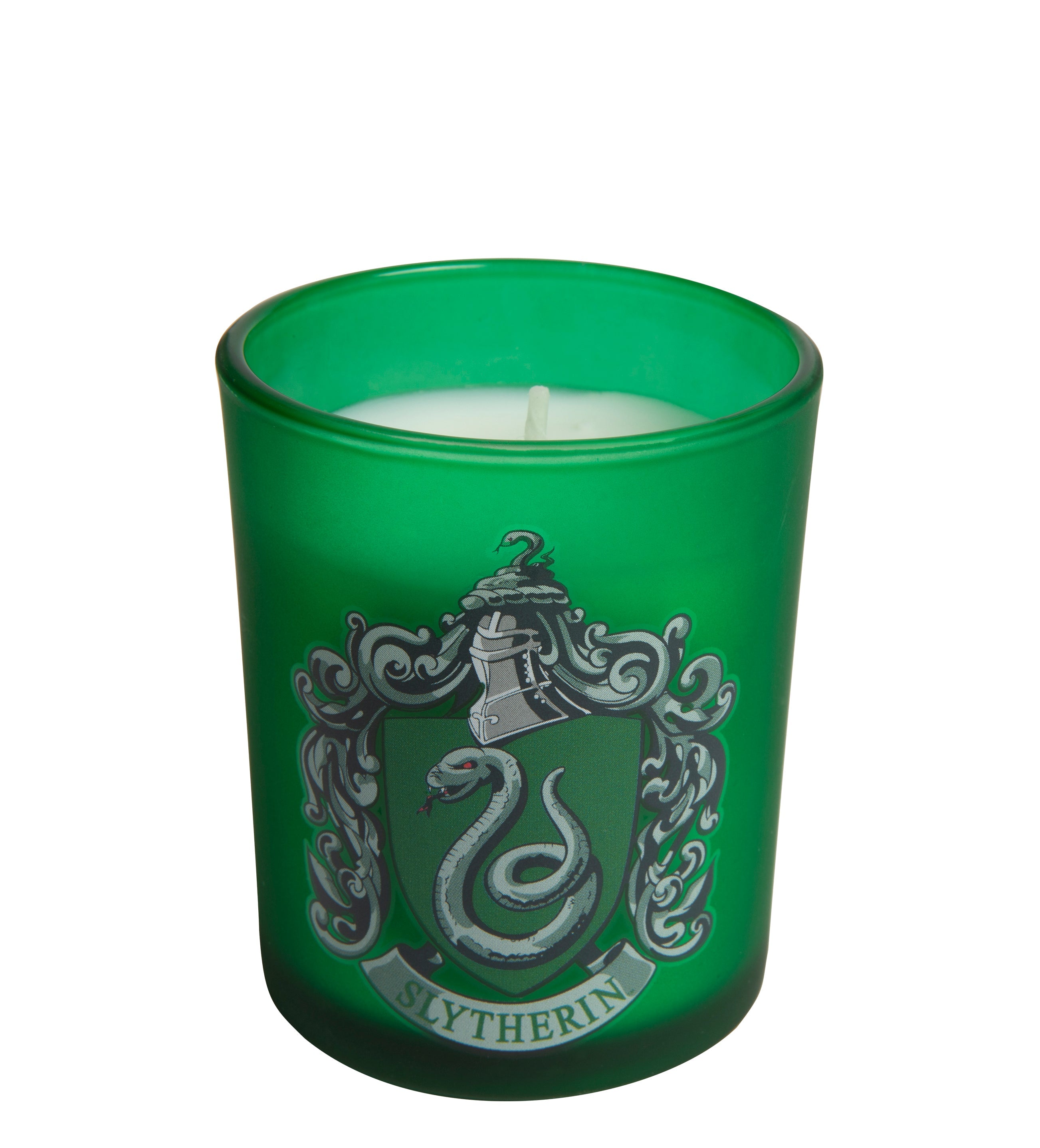 Slytherin glass votive candle featuring Harry Potter house crest, designed for home decor and ambiance by Insight Editions.