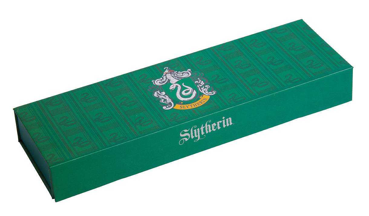 Slytherin magnetic pencil box from Harry Potter collection by Insight Editions, featuring house emblem and green design.