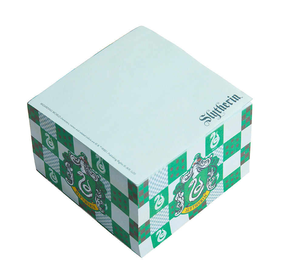 Slytherin Harry Potter memo cube by Insight Editions, featuring green Slytherin house emblem and design on the home goods cube.