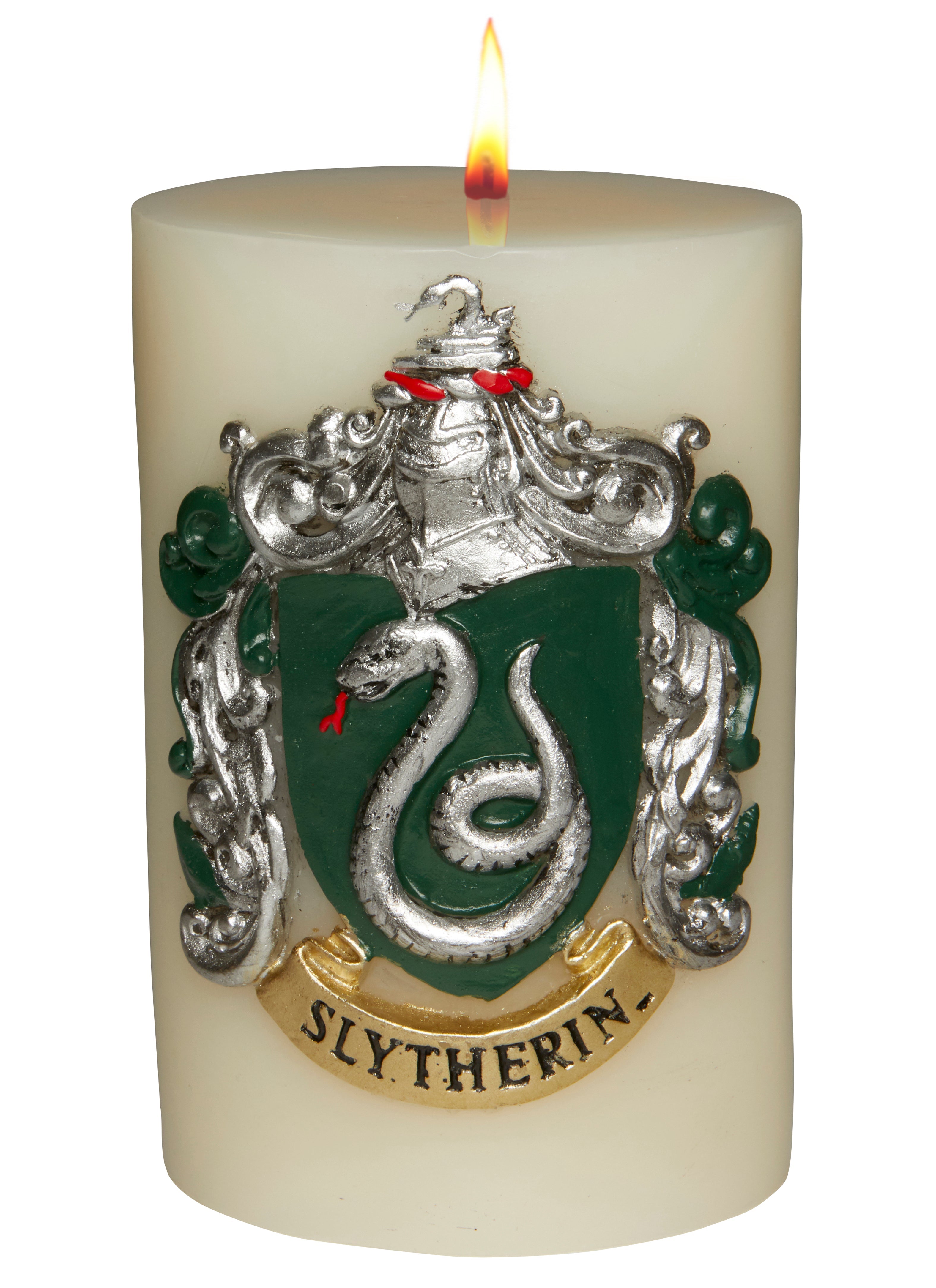 Slytherin insignia candle from Harry Potter, sculpted design, Insight Editions home decor item with green and silver accents.