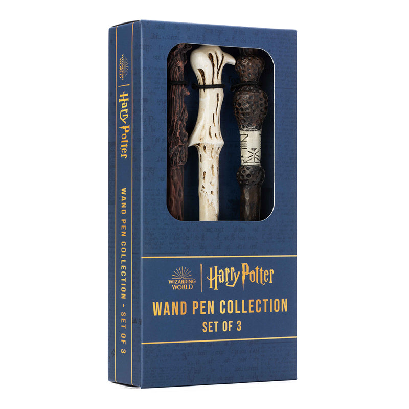 Set of three Harry Potter wand pens from Insight Editions, featuring detailed designs inspired by the magical wands.
