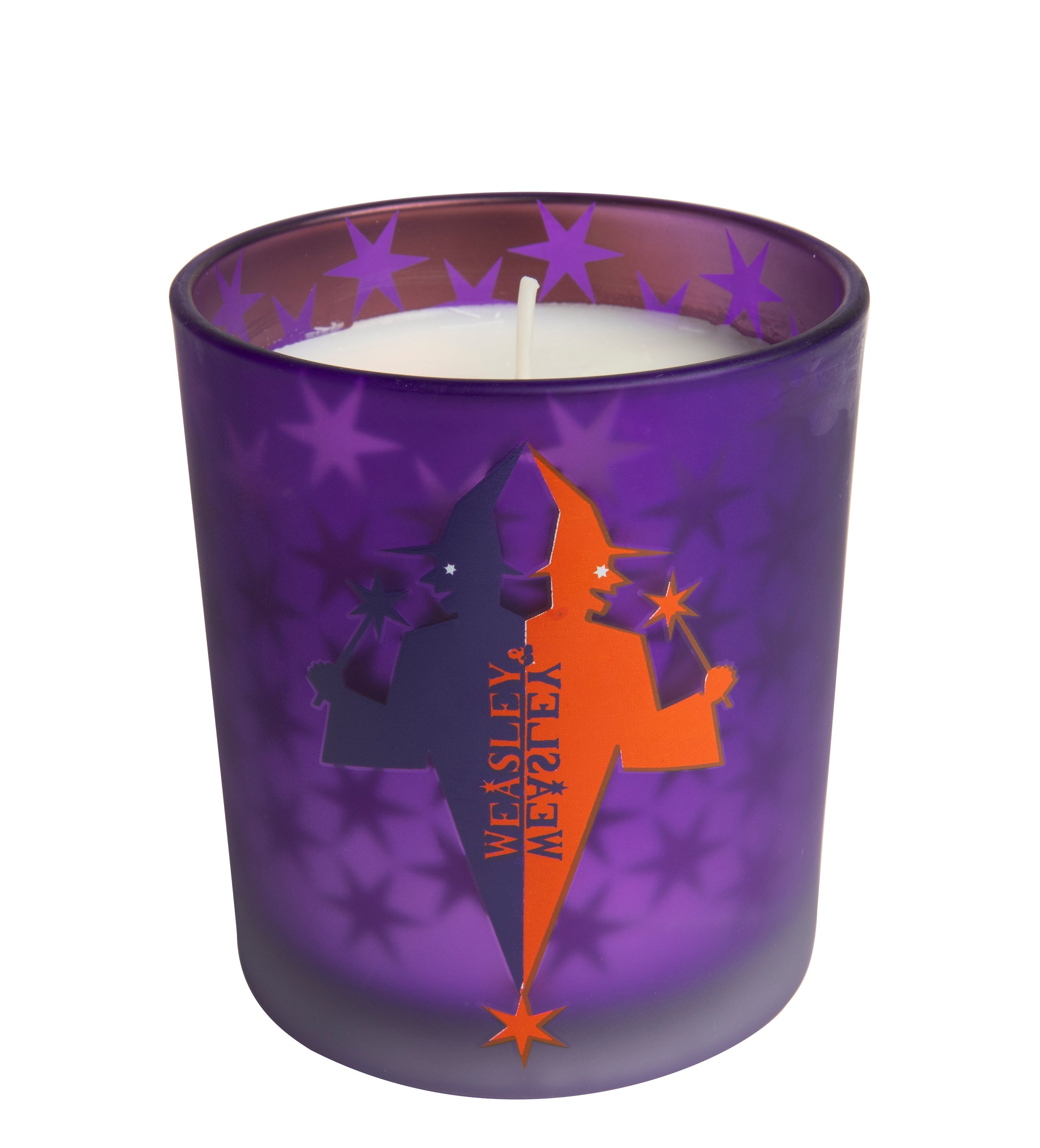 Harry Potter Weasleys' Wizard Wheezes glass candle by Insight Editions, shown in a clear glass container with colorful label design.