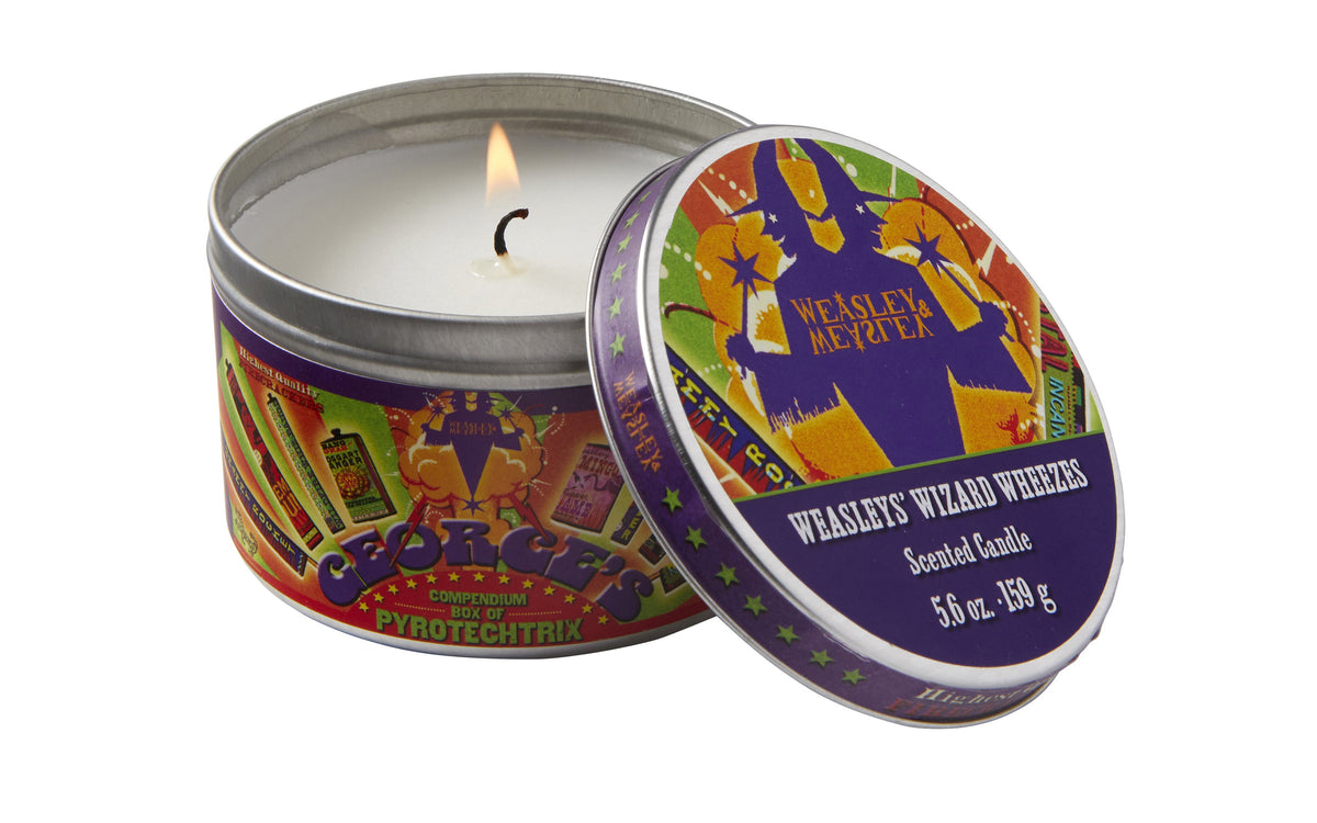 Harry Potter Weasleys' Wizard Wheezes scented candle in mint scent, 5.6 oz, with colorful wizard-themed packaging.