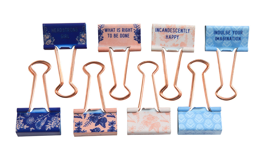 Set of 8 Jane Austen floral pattern binder clips by Insight Editions for home organization and decorative office use