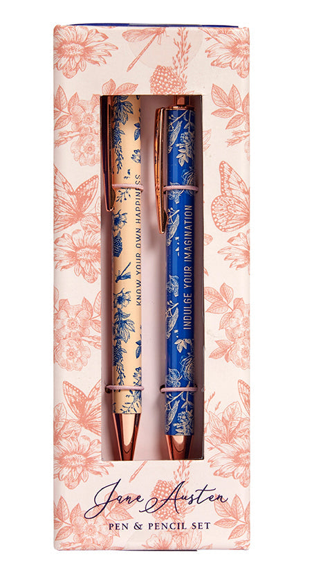 Jane Austen floral pen and pencil set from Insight Editions, elegant home goods with floral design, includes two writing instruments.