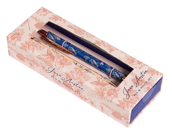 Jane Austen floral pen and pencil set by Insight Editions, featuring elegant designs on black ink pens and pencils.
