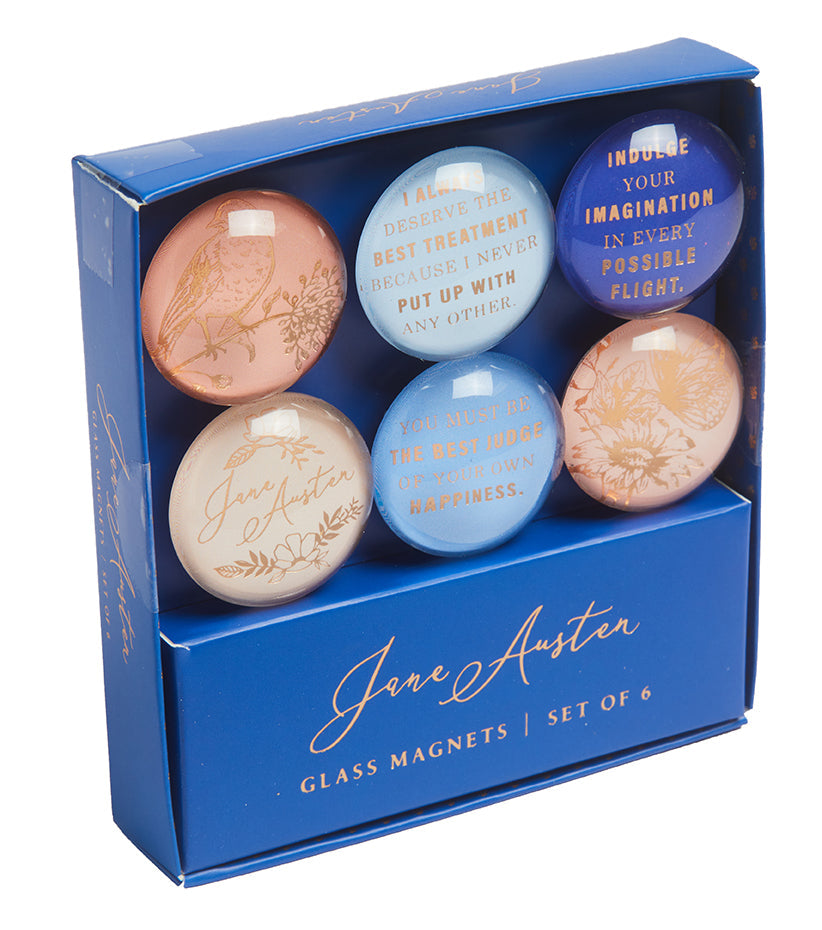 Set of six Jane Austen glass magnets featuring elegant literary designs, perfect for home decor and collection display.
