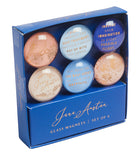 Set of six Jane Austen glass magnets featuring elegant literary designs, perfect for home decor and collection display.