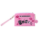 Pink plush accessory pouch featuring "On Wednesdays We Wear Pink" from the Mean Girls home goods collection by Insight Editions.