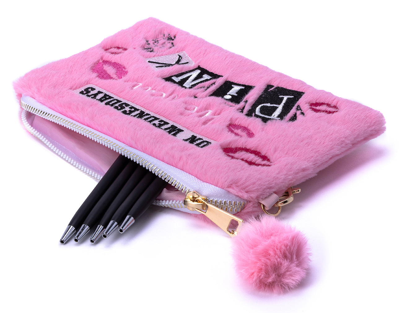 Pink plush accessory pouch from the Mean Girls On Wednesdays We Wear Pink collection by Insight Editions, featuring soft fabric and fun design.