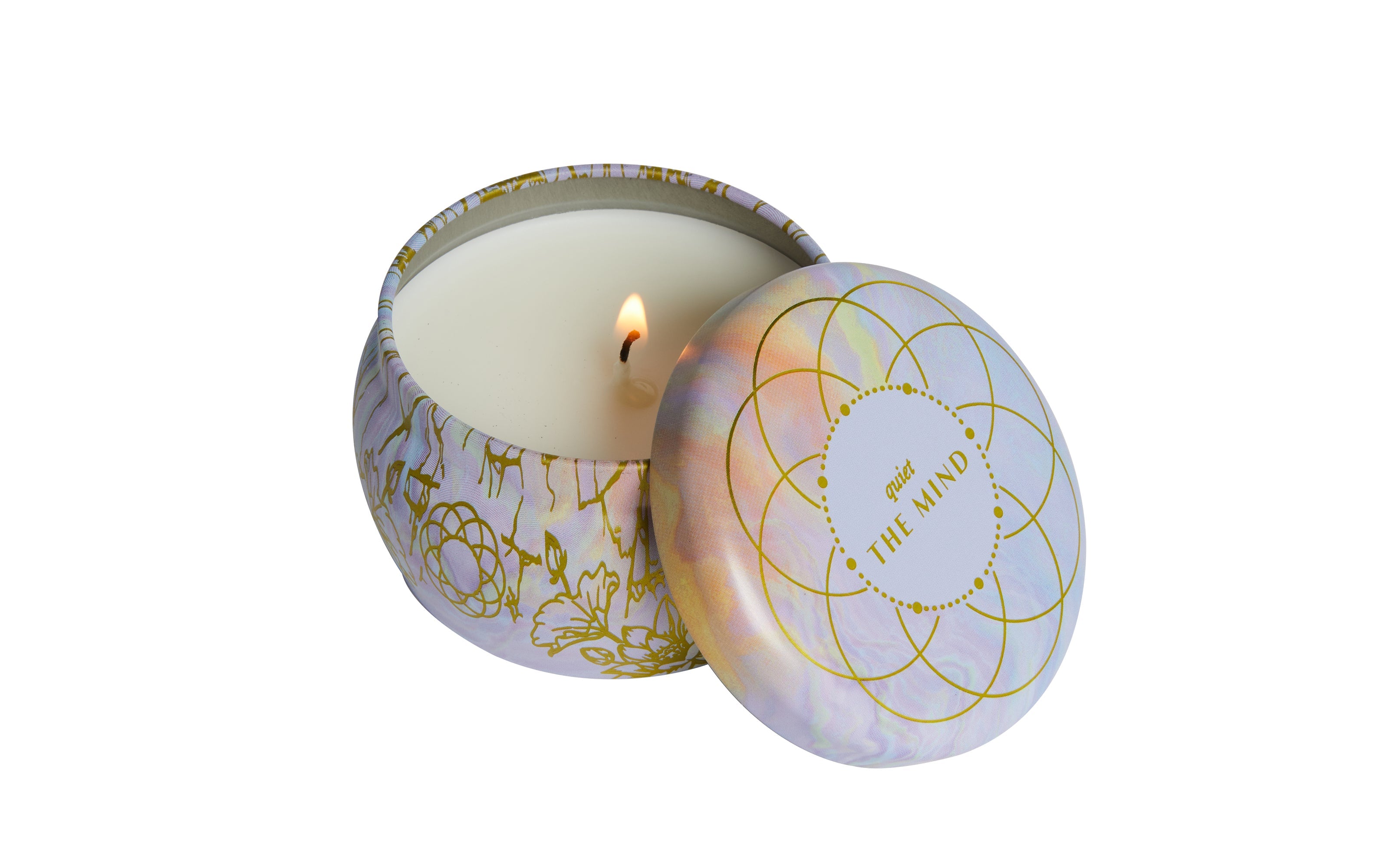 Meditation scented tin candle by Insight Editions, 3 oz, with a calming aroma and minimalist design for home relaxation.