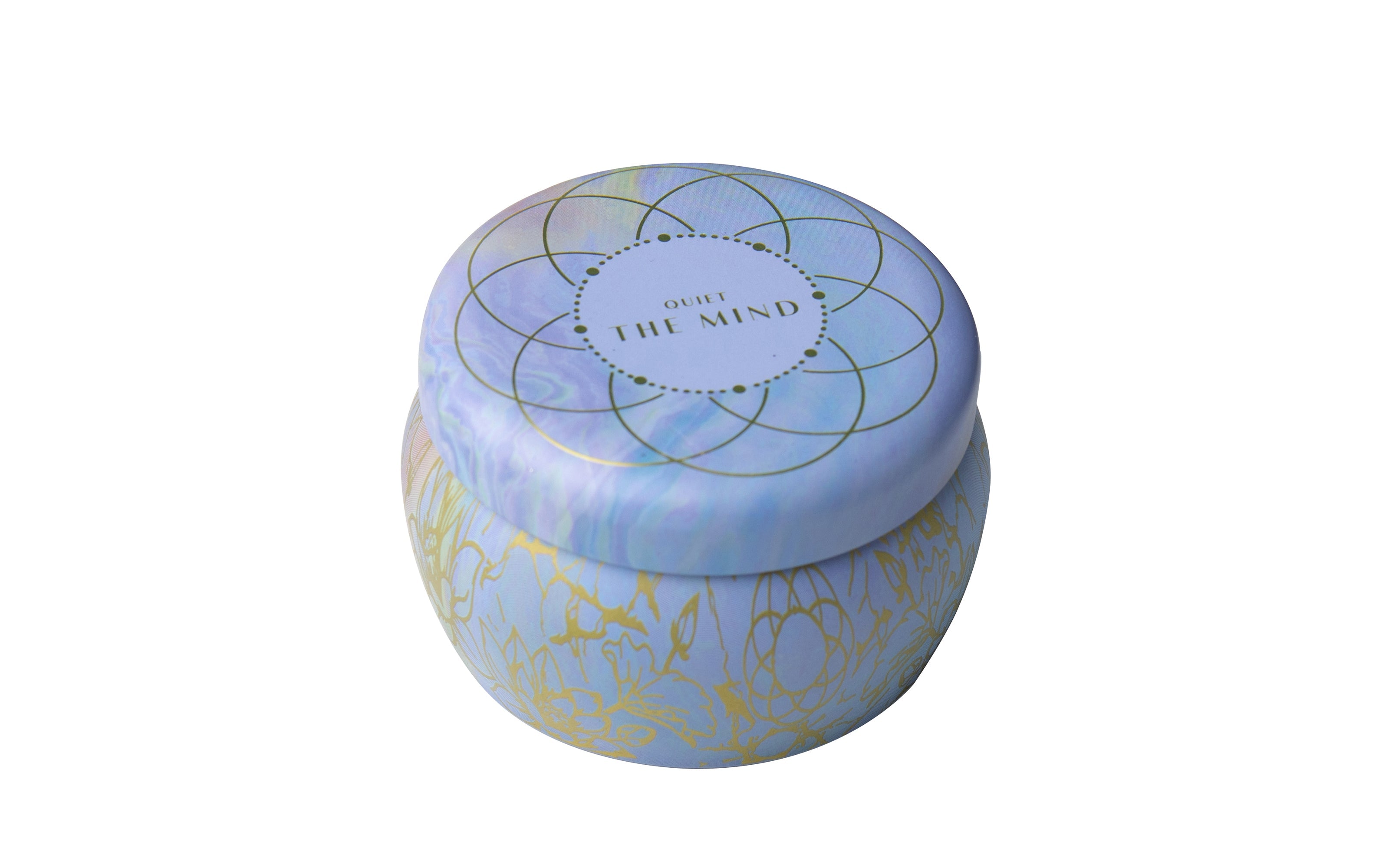 Meditation scented tin candle by Insight Editions, 3 oz, with a calming design and natural wax finish for home relaxation.