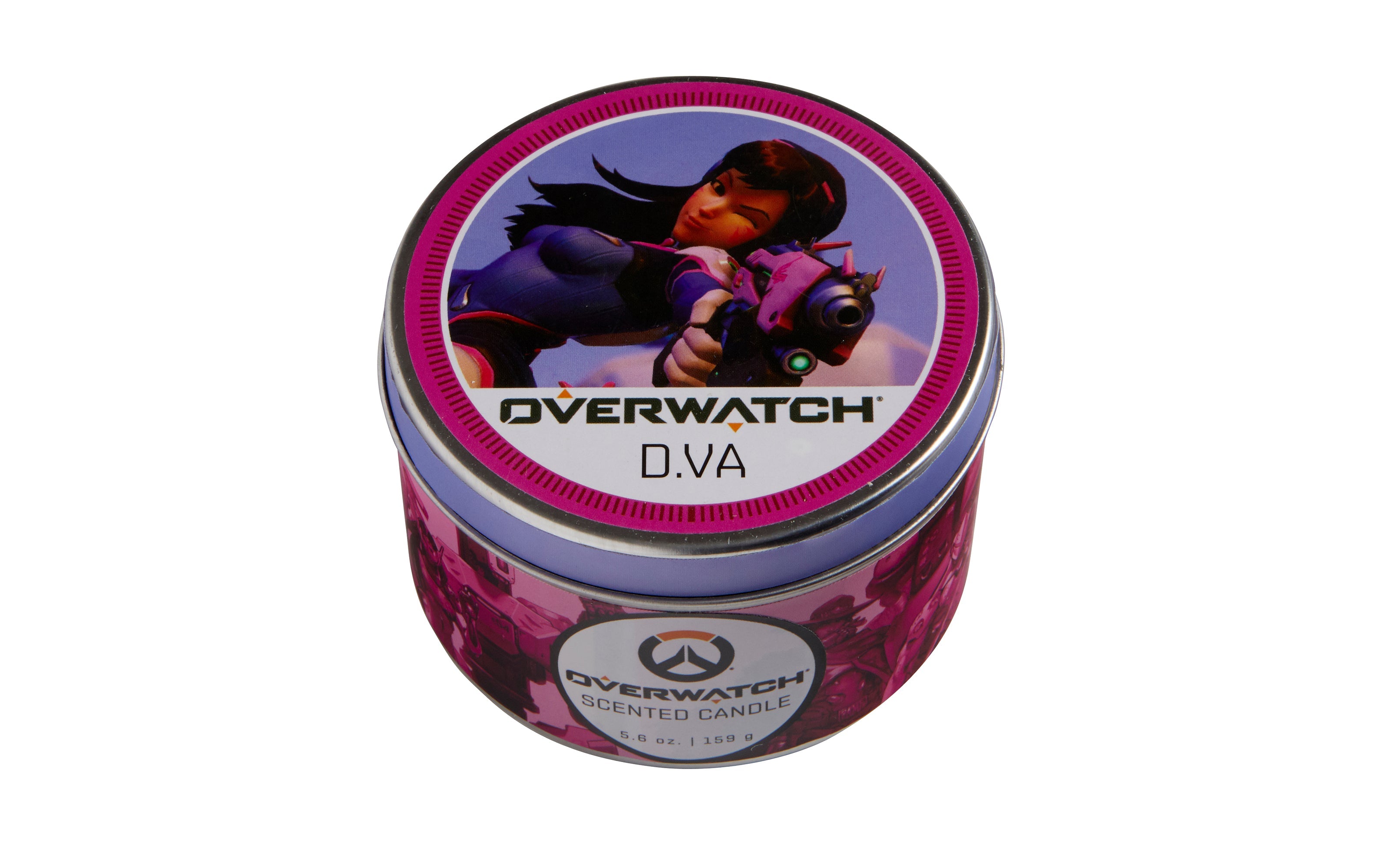 Overwatch D.Va scented candle in a 5.6 oz jar, featuring D.Va character artwork, suitable for home decor or fans of the game.